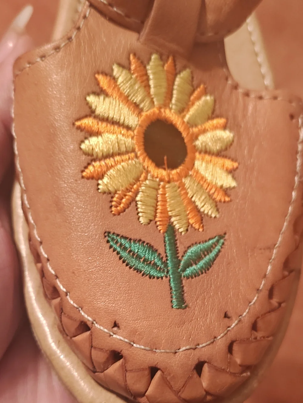 Kids Tan Leather Sunflower Mary Jane Shoes